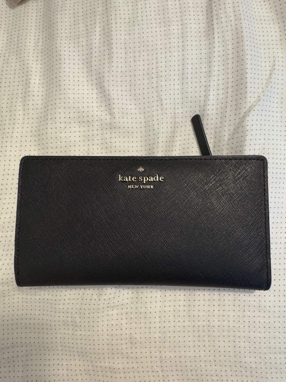 kate spade black zip-around Saffiano wallet with gold logo